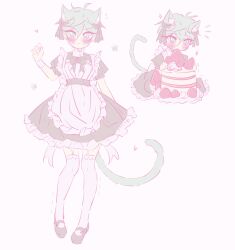 +_+ 1boy :&lt; ahoge alien_stage animal_ear_fluff animal_ears apron back_bow black_bow black_dress black_ribbon black_sandals blush bow cake cat_tail closed_mouth dress flower flying_sweatdrops food frilled_apron frilled_dress frills fruit full_body green_eyes green_hair green_tail hair_between_eyes hair_ribbon hand_up heart kemonomimi_mode maid maid_apron multiple_views plate ribbon rinrin_(wuvpyon) sandals short_hair simple_background solo sparkle strawberry strawberry_shortcake tail thighhighs till_(alien_stage) white_apron white_background white_bow white_thighhighs