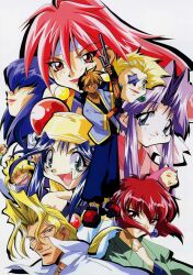 1990s_(style) 3girls 6+girls aqua_eyes arms_up bandana black_hair blonde_hair bloodberry blue_eyes blue_hair brown_eyes brown_hair cherry_(saber_j) dark-skinned_male dark_skin earrings fang fingerless_gloves gelhardt_von_faust gloves hair_over_eyes hanagata_mitsurugi headband high_ponytail jewelry lime_(saber_j) lipstick long_hair looking_at_viewer low_ponytail luchs makeup mamiya_otaru multicolored_hair multiple_girls non-web_source official_art open_mouth panther_(saber_j) parted_lips platform_shoes ponytail profile purple_hair red_eyes red_hair red_lips retro_artstyle saber_marionette_j sai_(weapon) short_hair smile star_eyepatch tiger_(saber_j) two-tone_hair v-shaped_eyebrows weapon white_background