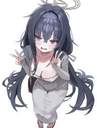 1girl absurdres alternate_costume black_hair blue_archive blush breasts cleavage covered_erect_nipples covered_navel crossed_bangs dongtan_dress double_v dress grey_dress hair_between_eyes hairband highres large_breasts long_hair looking_at_viewer meme_attire open_mouth purple_eyes purple_hairband sandals shogunx1x sidelocks sleeves_past_wrists solo sweat ui_(blue_archive) v