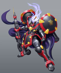 aussenseiter blue_hair cape commentary english_commentary gio_tengco glowing glowing_eyes grey_background gun highres holding holding_gun holding_weapon long_hair mecha purple_cape robot science_fiction solo super_robot_wars super_robot_wars_original_generation weapon wheel yellow_eyes