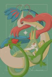 animal_focus artist_name black_eyes bright_pupils colored_sclera fang from_side full_body gen_3_pokemon gen_5_pokemon green_background highres lemonade_kokoi long_hair milotic nintendo no_humans open_mouth outside_border pokemon pokemon_(creature) red_eyes red_hair red_sclera serperior sideways_mouth signature skin_fang twitter_username white_pupils