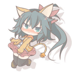 Rule 34 | animal ears, balulu alma, black hair, black thighhighs, blue eyes, blush, boots, bow, brown boots, chibi, emil chronicle online, hair bow, homurabi, jacket, jitome, orange jacket, red bow, red skirt, shirt, side ponytail, skirt, standing, standing on one leg, striped clothes, striped shirt, thighhighs, white background