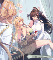 3girls akigumo_(kancolle) alcohol blonde_hair blush bra breasts brown_eyes brown_hair cherry_blossoms cup drinking_glass drunk flower hair_between_eyes hair_flower hair_ornament headgear highres himeyamato holding holding_cup iowa_(kancolle) kantai_collection large_breasts leg_on_another&#039;s_shoulder leg_up long_hair long_sleeves meme multiple_girls open_mouth panties ponytail thighs to_be_continued underwear unworn_panties very_long_hair walk-in wine wine_glass yamato_(kancolle) yuri
