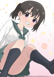 Rule 34 | 1girl, artist request, black hair, black socks, blush, bow, breasts, collarbone, convenient censoring, dot nose, feet out of frame, female focus, green sailor collar, green skirt, hair between eyes, kuraue hinata, legs, long hair, long sleeves, looking at viewer, medium breasts, open mouth, purple eyes, sailor collar, school uniform, serafuku, sitting, skirt, socks, solo, teeth, thighs, yama no susume