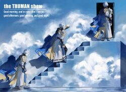 1boy absurdres armor black_shoes blue_cape blue_eyes cape cloud coat commentary_request doorway english_text highres honkai:_star_rail honkai_(series) male_focus mimi012500 phainon_(honkai:_star_rail) shoes short_hair shoulder_armor stairs the_truman_show walking white_coat