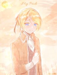 aku_no_meshitsukai_(vocaloid) allen_avadonia ascot blonde_hair blue_eyes bottle brown_vest collared_jacket colored_eyelashes evillious_nendaiki hair_ribbon highres holding holding_bottle jacket kagamine_len light_particles light_smile looking_at_viewer message_in_a_bottle orange_jacket orange_theme ponytail ribbon short_ponytail sunset swept_bangs ur1ryu vest vocaloid