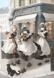3girls apron bag baguette black_cat black_dress black_hair blonde_hair blue_eyes blush bread cat closed_mouth commentary_request cup dress eating food frilled_apron frills grey_eyes grocery_bag hair_ornament highres holding holding_cup juliet_sleeves long_hair long_sleeves maid maid_apron maid_headdress multiple_girls open_mouth original outdoors pantyhose pastry puffy_sleeves shii_(kairi-t-k0317) shoes shopping_bag short_hair twintails white_apron white_pantyhose