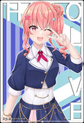 1girl absurdres anemachi blue_shirt blue_skirt brown_eyes copyright_name hair_ornament highres hololive looking_at_viewer medium_hair one_eye_closed pink_hair shirt sidelocks skirt smile solo star_(symbol) star_hair_ornament sterben_(sterben_dead) v v_over_eye virtual_youtuber