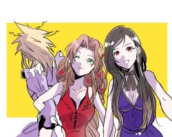 1boy 2girls aerith_gainsborough aerith_gainsborough_(red_dress) bare_arms bare_shoulders black_hair blonde_hair blue_dress border breasts brown_hair choker cleavage closed_mouth cloud_strife cloud_strife_(ball_gown) crossdressing dress earrings facing_away final_fantasy final_fantasy_vii final_fantasy_vii_remake flamenco_dress floating_earring flower frilled_dress frills green_eyes hair_flower hair_ornament highres jewelry large_breasts locked_arms long_hair medium_breasts messy_hair motsutei multiple_girls official_alternate_costume one_eye_closed open_mouth parted_bangs ponytail purple_dress red_dress red_eyes ribbon_choker ringlets sidelocks sleeveless sleeveless_dress smile spiked_hair strapless strapless_dress swept_bangs tifa_lockhart tifa_lockhart_(refined_dress) upper_body wall_market white_border yellow_background