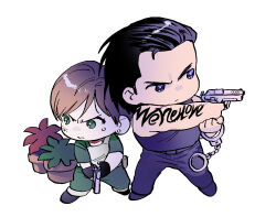 1boy 1girl billy_coen black_hair blue_eyes brown_hair commentary_request cuffs fingerless_gloves gloves green_eyes handcuffs muscular muscular_male nitako rebecca_chambers resident_evil resident_evil_0 shirt short_hair sleeveless sleeveless_shirt tattoo