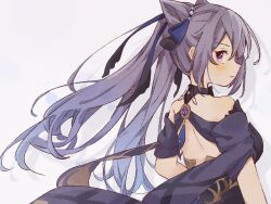 1girl black_dress black_ribbon blue_hair blue_ribbon breasts closed_mouth double_bun dress genshin_impact gradient_hair hair_bun hair_ribbon highres keqing_(genshin_impact) keqing_(opulent_splendor)_(genshin_impact) komerina long_hair medium_breasts multicolored_hair official_alternate_costume pink_eyes profile purple_hair ribbon signature simple_background solo twintails very_long_hair vision_(genshin_impact)