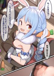 1girl accidental_exposure animal_ear_fluff animal_ears armpit_crease black_gloves black_leotard black_pantyhose blue_hair blush braid breasts carrot_hair_ornament chair close-up commentary_request computer don-chan_(usada_pekora) downblouse food-themed_hair_ornament from_above full_body fur-trimmed_gloves fur_scarf fur_trim gloves hair_ornament highres hololive indoors lemon_snail leotard long_hair looking_at_viewer minecraft multicolored_hair nipples no_bra open_mouth orange_eyes paid_reward_available pantyhose puffy_nipples rabbit-shaped_pupils rabbit_ears rabbit_girl rabbit_tail scarf short_eyebrows sitting small_breasts smile solo strapless strapless_leotard symbol-shaped_pupils tail thick_eyebrows translation_request twin_braids twintails two-tone_hair usada_pekora usada_pekora_(1st_costume) used_tissue virtual_youtuber white_hair white_scarf window