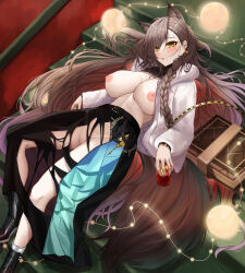 1girl absurdres animal_ear_fluff animal_ears arknights black_nails black_skirt blush book braid breasts brown_hair cup earrings extra_ears highres holding holding_cup jacket jewelry large_breasts long_hair long_sleeves looking_at_viewer lying nipples no_bra no_panties official_alternate_costume open_clothes open_jacket parted_lips penance_(arknights) penance_(occasionally_flushed)_(arknights) pussy skirt solo torn_clothes torn_skirt vailtred white_jacket wolf_ears yellow_eyes