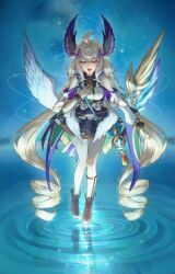 1girl absurdly_long_hair ahoge bird_tail blonde_hair bow breasts commentary english_commentary enna_alouette enna_alouette_(1st_costume) glint hair_bow hamutarou773 head_wings highres hood hood_down long_hair low_wings mixed-language_commentary night night_sky nijisanji nijisanji_en on_water open_mouth pantyhose purple_eyes reflection ripples sky small_breasts solo star_(sky) starry_sky tail very_long_hair virtual_youtuber white_pantyhose wings
