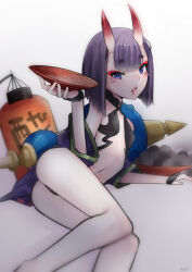 1girl absurdres alcohol ass bare_shoulders blush breasts bridal_gauntlets cup deko_morii eyeliner fate/grand_order fate_(series) food fruit fruit_bowl gourd grapes highres horns japanese_clothes kimono lantern long_sleeves looking_at_viewer lying makeup navel oni paper_lantern purple_eyes purple_hair purple_kimono revealing_clothes sakazuki sake short_hair short_kimono shuten_douji_(fate) skin-covered_horns small_breasts solo tongue tongue_out wide_sleeves