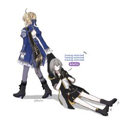 2girls ahoge artoria_pendragon_(fate) black_coat black_scarf black_shoes black_shorts blonde_hair blue_bow blue_dress bow braid coat commentary crown_braid dragging dress english_commentary faceless faceless_female fate/stay_night fate_(series) full_body gameplay_mechanics grey_hair grey_pantyhose hair_bun highres holding holding_phone honkai:_star_rail honkai_(series) multiple_girls nirvelia pantyhose phone saber_(fate) saber_(honkai:_star_rail)_(fate) scarf shadow shirt shoes short_hair shorts sidelocks stelle_(honkai:_star_rail) trailblazer_(honkai:_star_rail) umamusume white_shirt