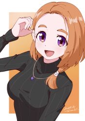 1girl :d absurdres artist_name black_shirt breasts brown_hair dated earrings hand_up highres jewelry long_sleeves looking_at_viewer medium_breasts medium_hair necklace open_mouth orange_background purple_eyes shirt shiunji-ke_no_kodomotachi shiunji_banri smile solo sweater thick_eyebrows tsunemoku turtleneck turtleneck_sweater