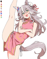 1girl animal_ears bow bun_cover china_dress chinese_clothes color_guide crossed_arms double_bun dress ear_bow ear_covers ear_ornament grey_hair hair_between_eyes hair_bun horse_ears horse_girl horse_tail leg_up limited_palette multicolored_hair short_eyebrows side-tie_peek side_slit single_ear_cover sleeveless sleeveless_dress solo split standing standing_on_one_leg standing_split streaked_hair tail thick_eyebrows toriga_naku umamusume white_background wonder_acute_(umamusume)