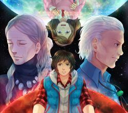 1boy 1girl brown_eyes brown_hair crying crying_with_eyes_open closed_eyes hairband hood hood_down hoodie hoodie_vest jacket janelle jewelry junpei_(kyokugen_dasshutsu) kyokugen_dasshutsu kyokugen_dasshutsu:_9_jikan_9_nin_9_no_tobira kyokugen_dasshutsu_adv:_zennin_shibou_desu long_hair moon kurashiki_akane necklace open_mouth parted_lips plaid profile spoilers tears tenmyouji_(kyokugen_dasshutsu) thank_you vest white_hair