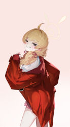 1girl absurdres ahoge blonde_hair blue_archive commentary_request cowboy_shot from_behind grey_eyes grin halo hand_on_own_hip hand_up highres jacket keji133 long_hair looking_at_viewer low_twintails miniskirt off_shoulder official_alternate_costume pink_background pleated_skirt red_jacket shirt simple_background skirt sleeves_past_wrists smile solo twintails white_shirt yellow_halo yoshimi_(band)_(blue_archive) yoshimi_(blue_archive)