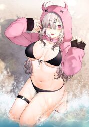 1girl ahoge beach bikini black_bikini black_nails blush breasts cleavage collarbone eyes_visible_through_hair gomo grey_hair hair_ornament hair_over_one_eye highres large_breasts leg_belt long_hair looking_at_viewer mole mole_under_eye nail_polish navel nijisanji open_mouth purple_eyes smile solo stomach sukoya_kana swimsuit toenail_polish toenails tongue tongue_out virtual_youtuber x x_hair_ornament