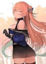 1girl black_gloves black_panties black_sailor_collar black_skirt black_thighhighs blue_shirt breasts brown_eyes brown_hair from_behind gloves johnston_(kancolle) kantai_collection long_hair looking_at_viewer medium_breasts off_shoulder panties sailor_collar school_uniform see-through_clothes see-through_skirt serafuku shin_(new) shirt single_glove skirt solo thighhighs two_side_up underwear