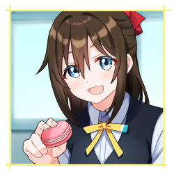 1girl black_vest blue_eyes blue_shirt blush bow brown_hair collared_shirt commentary food hair_between_eyes hair_bow highres holding holding_food incoming_food indoors long_hair looking_at_viewer love_live! love_live!_nijigasaki_high_school_idol_club macaron neck_ribbon nijigasaki_school_uniform open_mouth osaka_shizuku red_bow ribbon school_uniform shirt sidelocks smile solo summer_uniform vest yatogame765