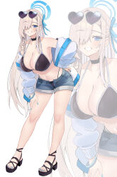 Rule 34 | 1girl, absurdres, asuna (blue archive), bikini, black bikini, black choker, blonde hair, blue archive, blue eyes, blue halo, blue nails, bracelet, breasts, choker, collarbone, commentary, commission, denim, denim shorts, eyewear on head, full body, grin, hair over one eye, hair ribbon, halo, hand on own hip, highres, jacket, jewelry, large breasts, leaning forward, long hair, nakano kura, navel, open fly, pixiv commission, ribbon, sandals, shorts, simple background, smile, solo, stomach, swimsuit, thighs, very long hair, white background, white jacket, zoom layer