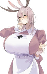 1girl absurdres animal_ears apron black_eyes blush breasts closed_mouth collared_dress commentary contrast_collar cowboy_shot dress hand_up highres horns huge_breasts jackalope_(neyaneyashiteru) jackalope_girl juliet_sleeves long_sleeves medium_hair monster_girl neyaneyashiteru original pink_dress pink_hair puffy_sleeves rabbit_ears simple_background solo standing white_apron white_background white_sleeve_cuffs