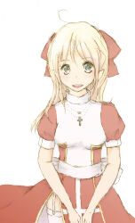 1girl ahoge blonde_hair blush bow breasts commentary_request cowboy_shot cross cross_necklace dress garter_straps green_eyes hair_bow high_priest_(ragnarok_online) jewelry long_hair looking_at_viewer medium_breasts mimi_(caramel-candy) necklace open_mouth pointy_ears puffy_short_sleeves puffy_sleeves ragnarok_online red_bow red_dress sash short_sleeves simple_background smile solo thighhighs two-tone_dress white_background white_dress white_sash white_thighhighs