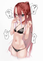 1girl bare_shoulders bikini black_eyes blush breasts fate/grand_order fate_(series) heterochromia highres long_hair looking_at_viewer navel open_mouth red_hair small_breasts solo swimsuit thighs tutuuraura88 typhon_ephemeros_(fate) yellow_eyes