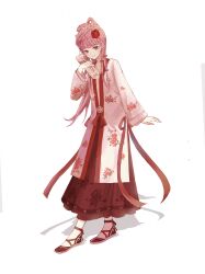 1girl blunt_bangs bow braid brown_eyes camellia chinese_clothes cosplay cross-laced_shoes east_wind&#039;s_no_fault_(shining_nikki) floral_print flower full_body hair_bow hair_flower hair_ornament hair_rings half_updo hanfu highres holding holding_scroll honglou_meng long_hair long_sidelocks long_skirt long_sleeves multiple_hair_bows nikki_(nikki) nikki_(series) pink_hair pleated_skirt red_bow red_flower red_ribbon red_shoes red_skirt ribbon rose_print scroll shadow shining_nikki shoes sidelocks simple_background single_braid skirt solo standing straight_hair tachi-e waist_ribbon white_background white_hanfu youyidianqingming