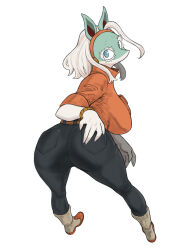 1girl absurdres animal_ears ass belt bent_over black_pants blue_eyes blush boku_no_hero_academia boots bracelet breasts cyclops denim fake_animal_ears from_behind furry furry_female hairband hand_on_own_ass highres huge_ass huge_breasts ippan_josei jeans jewelry large_breasts leaning_forward long_sleeves looking_at_viewer looking_back one-eyed orange_shirt pants shirt shoes solo standing thick_thighs thighs toshinoshin white_hair wristband