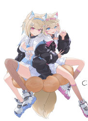 absurdres animal_ear_fluff animal_ears asymmetrical_legwear black_choker black_jacket blonde_hair blue_eyes blue_hair blue_nails boots breasts choker cleavage closed_mouth dog_ears dog_girl dog_tail dress fishnet_thighhighs fishnets fuwawa_abyssgard fuwawa_abyssgard_(1st_costume) hair_between_eyes hair_ornament hairclip headphones highres hololive hololive_english jacket large_breasts long_hair long_sleeves mococo_abyssgard mococo_abyssgard_(1st_costume) notced open_mouth pink_eyes pink_hair pink_nails pink_thighhighs shirt short_hair shorts simple_background sitting tail thighhighs unworn_headphones v virtual_youtuber white_background white_boots white_dress white_shirt white_shorts x_hair_ornament