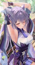 1girl absurdres armpits arms_up blush breasts cone_hair_bun day detached_sleeves double_bun dress frilled_gloves frills genshin_impact gloves hair_bun hair_ears highres kabu_usagi keqing_(genshin_impact) medium_breasts neck_tassel on_bench one_eye_closed outdoors purple_dress purple_eyes purple_gloves purple_hair sitting sleeveless sleeveless_dress solo stretching translation_request twintails