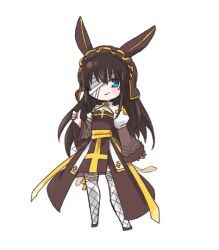 1girl arch_bishop_(ragnarok_online) bandage_over_one_eye blue_eyes brown_dress brown_hair chibi chibi_only cleavage_cutout closed_mouth clothing_cutout cross doroidsan dress fishnet_thighhighs fishnets frilled_thighhighs frills full_body headdress juliet_sleeves long_hair long_sleeves looking_at_viewer puffy_sleeves ragnarok_online sash simple_background smile solo thighhighs thumbs_up two-tone_dress white_background white_dress white_thighhighs yellow_sash