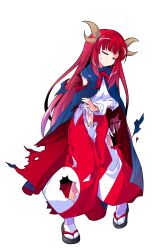 1girl black_sandals blue_cloak blunt_bangs breasts cloak closed_eyes closed_mouth commentary_request dairi full_body highres holding_own_arm horns large_variant_set long_hair long_sleeves red_hair red_skirt sandals shingyoku_(female) shingyoku_(touhou) shirt simple_background skirt smile socks solo standing sweatdrop tachi-e torn_cloak torn_clothes torn_shirt torn_skirt touhou touhou_(pc-98) transparent_background variant_set white_shirt white_socks