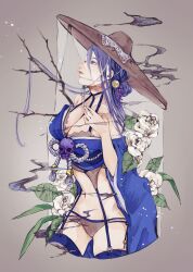 1girl absurdres bad_id bad_pixiv_id black_pantyhose blue_eyes blue_hair branch breasts choker earrings flower garter_straps hair_bun hat highres jewelry kaguya_(sinoalice) large_breasts lingerie long_hair looking_up navel panties pantyhose parted_lips ribbon rose s_t_e_r_n simple_background sinoalice skull smile smoke solo straw_hat tasuki thighhighs underwear white_flower white_rose