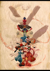 6+girls absurdres aki_minoriko aki_shizuha apple bird black_hair blonde_hair blue_eyes blue_hair boots bow carrot closed_eyes crow detached_sleeves dress female_focus food frog fruit geta green_hair hair_bobbles hair_bow hair_ornament hat highres icf inubashiri_momiji kagiyama_hina kawashiro_nitori kochiya_sanae letterboxed long_hair mazuka_kei mishaguji moriya_suwako mountain_of_faith multiple_girls onbashira radish scarf shameimaru_aya shield short_hair skirt skirt_set smile snake sword touhou weapon white_hair wolf wrench yasaka_kanako