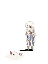 1girl :3 blue_dress boots bucket cape closed_mouth commentary_request creature dress expressionless fingerless_gloves full_body fur-trimmed_cape fur-trimmed_gloves fur_trim gloves green_eyes grey_boots grey_cape grey_gloves high_wizard_(ragnarok_online) holding holding_creature long_hair pointy_ears poring porinu ragnarok_online sand simple_background slime_(creature) solo trowel white_background white_hair