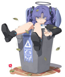 Rule 34 | 1girl, absurdres, arrow (symbol), black halo, black jacket, black shoes, blue archive, blue necktie, bright pupils, collared shirt, commentary request, csham, flower, full body, hair intakes, hair ornament, halo, hands up, highres, in container, in trash can, jacket, knees together feet apart, knees up, leaf, leaf on head, long hair, long sleeves, looking down, mechanical halo, motion lines, necktie, open mouth, purple eyes, purple hair, recycling symbol, red flower, school uniform, shaded face, shirt, shoe soles, shoes, simple background, sitting, solo, sweatdrop, trash can, trembling, triangle hair ornament, two side up, white background, white pupils, white shirt, yuuka (blue archive)