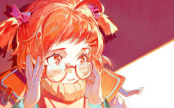 1girl absurdres adjusting_eyewear ahoge arknights beagle_(arknights) eyelashes glasses gloves hair_ornament hair_ribbon hairclip highres kuzen open_mouth orange_hair red_eyes ribbon semi-rimless_eyewear short_twintails solo twintails two-tone_background upper_body white_gloves
