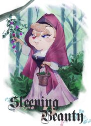 Rule 34 | 1girl, absurdres, aurora (disney), aurora (disney) (cosplay), autumn leaves, blue eyes, branch, bush, chipmunk ears, chipmunk girl, clarice (disney), company connection, copyright name, cosplay, disney, dress, eyelashes, highres, leaf, looking at viewer, open mouth, rl10 02, sleeping beauty, smile, solo, tree