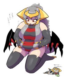 ... 1girl bare_shoulders belly_grab blush breasts character_request commentary_request copyright_request elbow_gloves gloves grey_hair highres kasugai_(de-tteiu) large_breasts long_hair multiple_views parted_lips red_eyes simple_background sleeveless sweatdrop tail thick_arms thick_thighs thighhighs thighs translation_request tsurime white_background