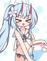 Rule 34 | &gt; &lt;, 1girl, :d, ball, beachball, bikini, blue archive, blue bikini, blue hair, blue halo, blush, breasts, chise (blue archive), chise (swimsuit) (blue archive), closed eyes, commentary request, cowboy shot, flower, hair flower, hair ornament, halo, hana kazari, highres, holding, holding ball, horns, long hair, navel, open mouth, ponytail, red horns, sailor collar, side-tie bikini bottom, simple background, skin-covered horns, small breasts, smile, solo, swimsuit, white background, white sailor collar, xd
