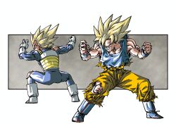 Rule 34 | 2boys, absurdres, blonde hair, blue bodysuit, blue boots, blue shirt, bodysuit, boots, clenched hand, dragon ball, dragonball z, fighting stance, full body, gloves, highres, male focus, medium hair, multiple boys, nazunnio1225, orange pants, pants, shirt, son goku, spiked hair, super saiyan, super saiyan 1, torn bodysuit, torn clothes, torn shirt, vegeta, white boots, white gloves