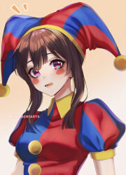 1girl absurdres arms_at_sides artist_name blue_eyes blue_hat blue_shirt blush_stickers breasts brown_hair buttons center-flap_bangs collared_shirt commentary contrast_collar double-parted_bangs english_commentary from_below from_side gradient_background hair_between_eyes hat hat_bell highres jester_cap lips looking_at_viewer lower_teeth_only multicolored_eyes naochiarts notice_lines open_mouth orange_background pomni_(the_amazing_digital_circus) puffy_short_sleeves puffy_sleeves red_eyes red_hat red_shirt shirt short_hair_with_long_locks short_sleeves sidelocks small_breasts solo striped_clothes striped_headwear striped_shirt sweatdrop teeth the_amazing_digital_circus tongue two-tone_background two-tone_eyes two-tone_headwear two-tone_shirt upper_body vertical-striped_clothes vertical-striped_headwear vertical-striped_shirt white_background