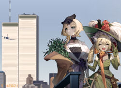 2girls 9/11 ^_^ absurdres acorn_pendant afu_(amzs8345) aircraft airplane belt belt_pouch black_hat blonde_hair blue_sky bouquet bow brown_belt chin_strap city closed_eyes day dress drill_hair druvis_iii elbow_gloves fascinator flower gloves green_dress green_eyes green_gloves green_hat hands_up hat hat_feather highres holding holding_another&#039;s_arm holding_bouquet juliet_sleeves long_sleeves low_twintails medium_hair mistletoe multiple_girls new_york_city open_mouth orange_bow outdoors photo_date_watermark picture_hat pouch puffy_sleeves red_flower reverse:1999 sky sleeveless sleeveless_dress smile sotheby turning_head twin_drills twintails upper_body v watch white_dress world_trade_center