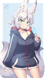 1girl animal_ear_fluff animal_ears black_hoodie cowboy_shot dot_nose eating food fox_ears fox_tail fukunomiya_koko_(kuromiya) green_eyes grey_hair grey_tail hood hoodie kuromiya long_sleeves looking_at_viewer no_pants original outside_border popsicle short_hair single_off_shoulder solo tail twitter_username