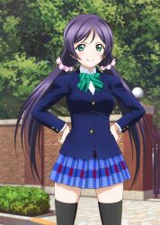1girl anime_coloring black_socks black_thighhighs blazer blue_jacket blue_skirt blush bow bowtie brick brick_wall cowboy_shot day diagonal-striped_bow diagonal-striped_bowtie diagonal-striped_clothes dress_shirt entrance grass green_bow green_bowtie green_eyes hair_ornament hair_scrunchie hands_on_own_hips hirayama_madoka jacket legs_apart long_hair long_sleeves looking_at_viewer love_live! love_live!_school_idol_festival love_live!_school_idol_project miniskirt official_art otonokizaka_school_uniform outdoors pink_scrunchie plaid_clothes plaid_skirt pleated_skirt purple_hair school_uniform scrunchie shirt skindentation skirt smile socks solo standing striped_clothes thighhighs tojo_nozomi transparent_background tree twintails white_shirt winter_uniform
